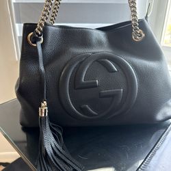 Gucci Soho Medium Black Double Leather Chain Shoulder Bag Tote Black Gold 