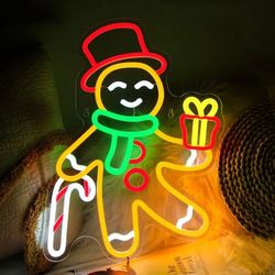 NEW Gingerbread Man Neon Sign Christmas LED Neon Light Xmas Decor, Dimmable Window Wall Decor Living Room Festival Bedroom Party USB Operated