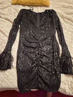 Black sequin sparkly formal dress with feather sleeves