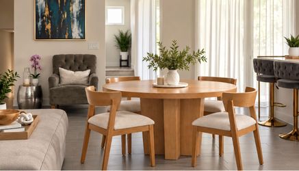 Stunning 60” Round Wood Dining Table with 4 Upholstered Chairs – Like New