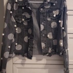 Black Polka Dot Denim Jacket With Pearl Detailing