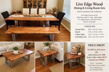 Kane's Live Edge Acacia Dining Table w/ Bench + Matching Coffee & End Tables