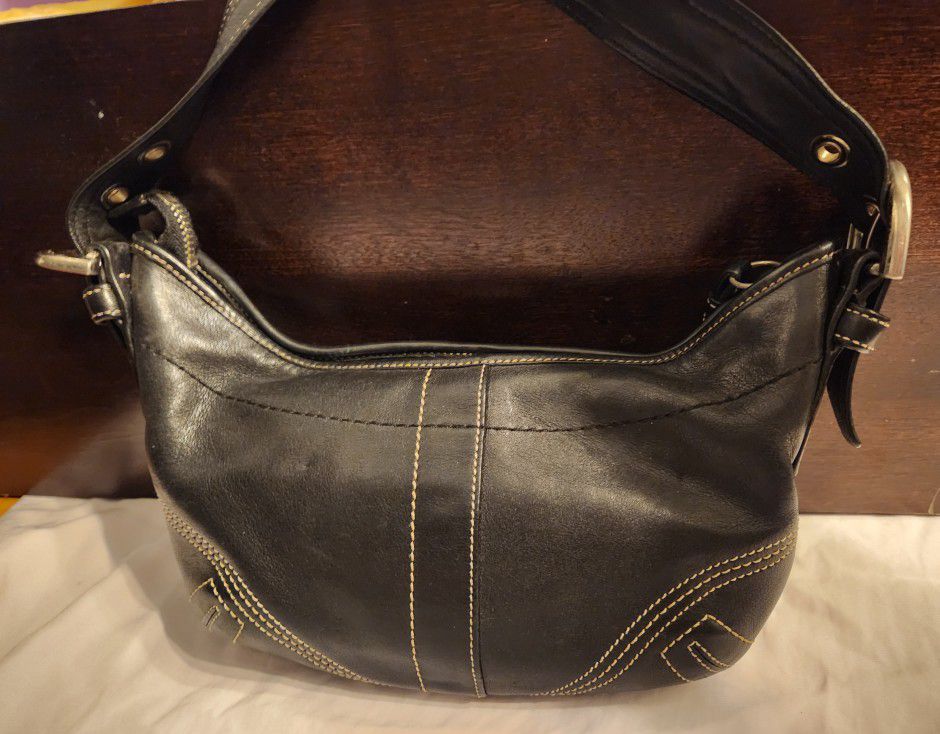 COACH Authentic Black Leather Soho Fringe Tassel Small Hobo Handbag
