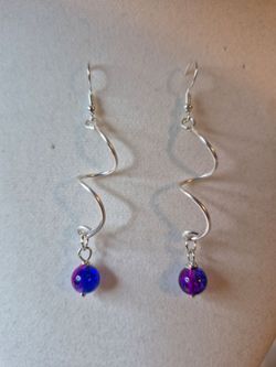 Silver Spiral Dangle Earrings with Blue and Purple Beads
