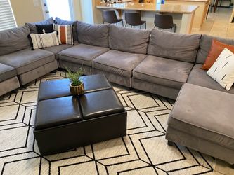 Large Gray Velvet Modular Sectional – 8 Pieces + 2 Ottomans