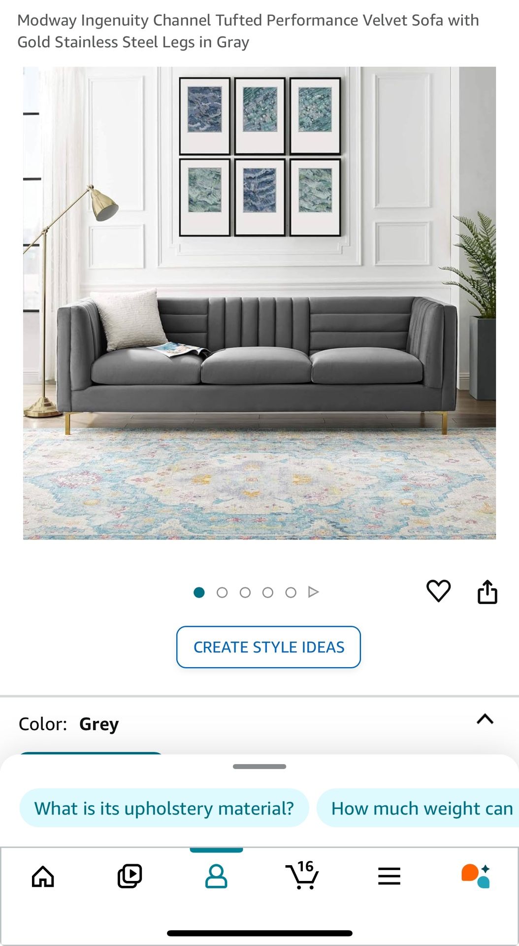 Velvet Sofa with Gold Stainless Steel Legs in Gray