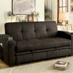 Brand New Dark Brown Futon Sofa Converts into Bed Pull-out Underseat Base Built-in Cup Holders