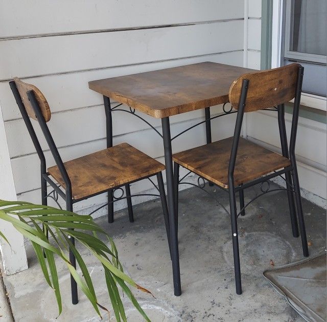 3 Piece Dining Table Set, Metal and Wood Square Kitchen Bar Breakfast Nook, Dine