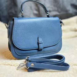 Blue Genuine Leather Mini Satchel Crossbody Bag Top Handle Adjustable Strap  