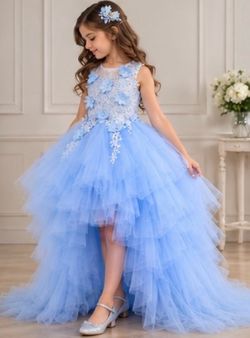 Girls Blue Tulle Hi-Low Flower Girl Dress