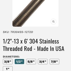 1/2” Stainless Steel Threaded Rod