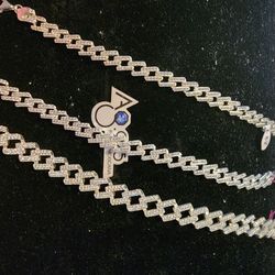 Silver Cuban Link Chain with Blue Gem