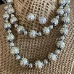 Juego Collar Aretes Stainlend Perlas Joyería Antigua 