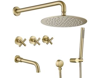 RBROHANT Brushed Gold Shower System with Tub Spout, Brass Bathtub Shower Faucet Set with 3 Way Rough-in Valve,10 Inch Round Shower Head Set with Tub S