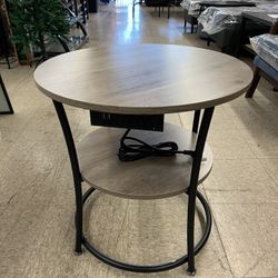 VASAGLE 2-Tier Round End Table with Power Outlets Nightstand with Steel Frame - Heather Greige / Ink Black