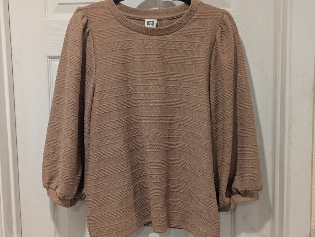 Anne Klein 3/4 sleeve top, 98% poly, textured horizontal pattern, tan, puff sleeves with wide band