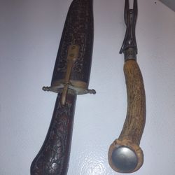 Vintage Hand Carved And Antler Cutlery Set