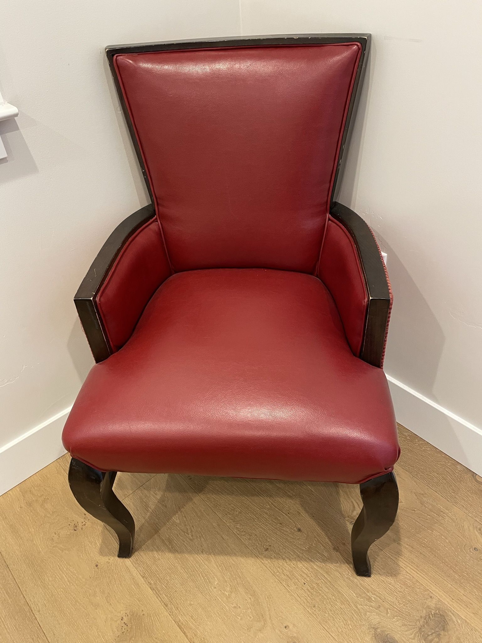 2 Arm Chairs In Red Leather And Velvet Fabric On Back With Wood Trim