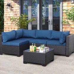 Outdoor Patio PE Wicker 5 Piece Furniture Set, Black Rattan Sectional Conversation Sofa Chair with Coffee Table