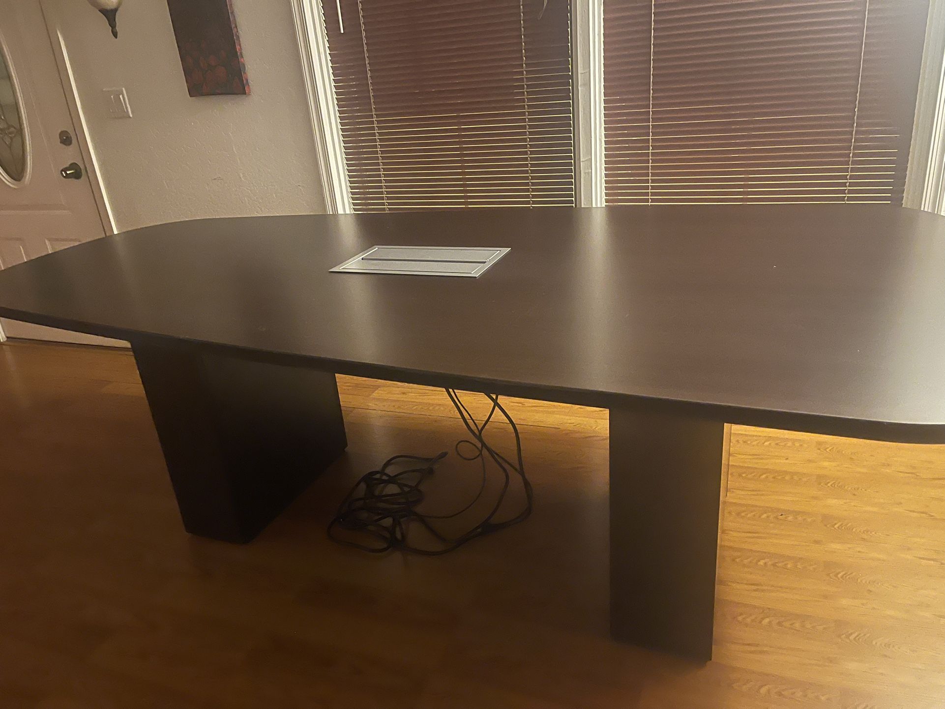 Office Conference/Podcast table 8' x 4' boat-shaped + Medium cabinet with lock