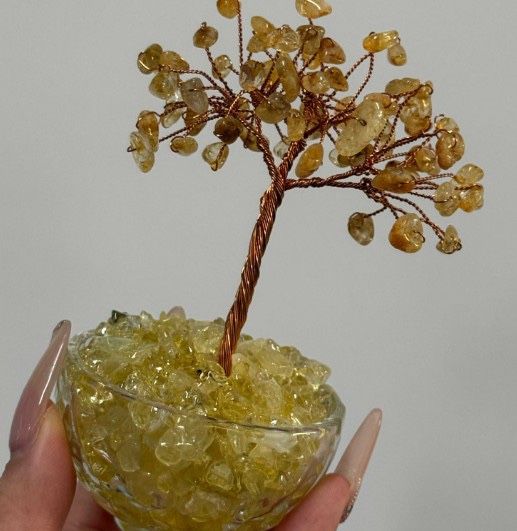 Yellow Tree Crystal In Glass Bowl Handmade