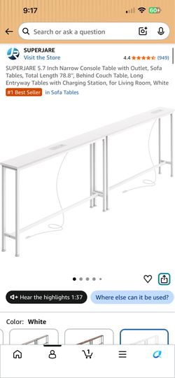 Narrow Console Table with Outlet - White