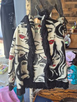 Vintage Fringe Jacket Black Cream Portrait Face Print Western Boho Statement