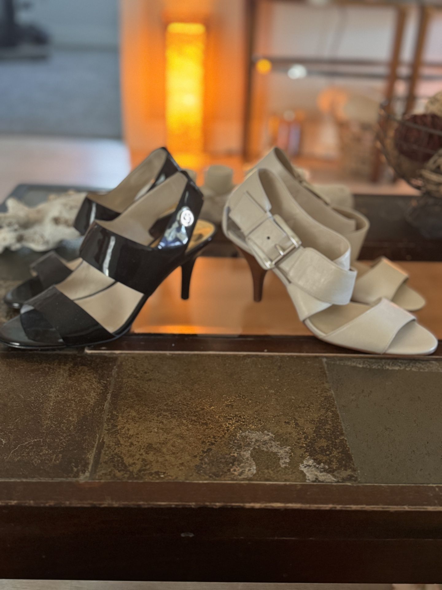 Michael Kors High Heel Sandals Both Size 8, Shiny Black With Gold Accents, White/cream With Silver Accent And Buckle With Wood Grain Heel