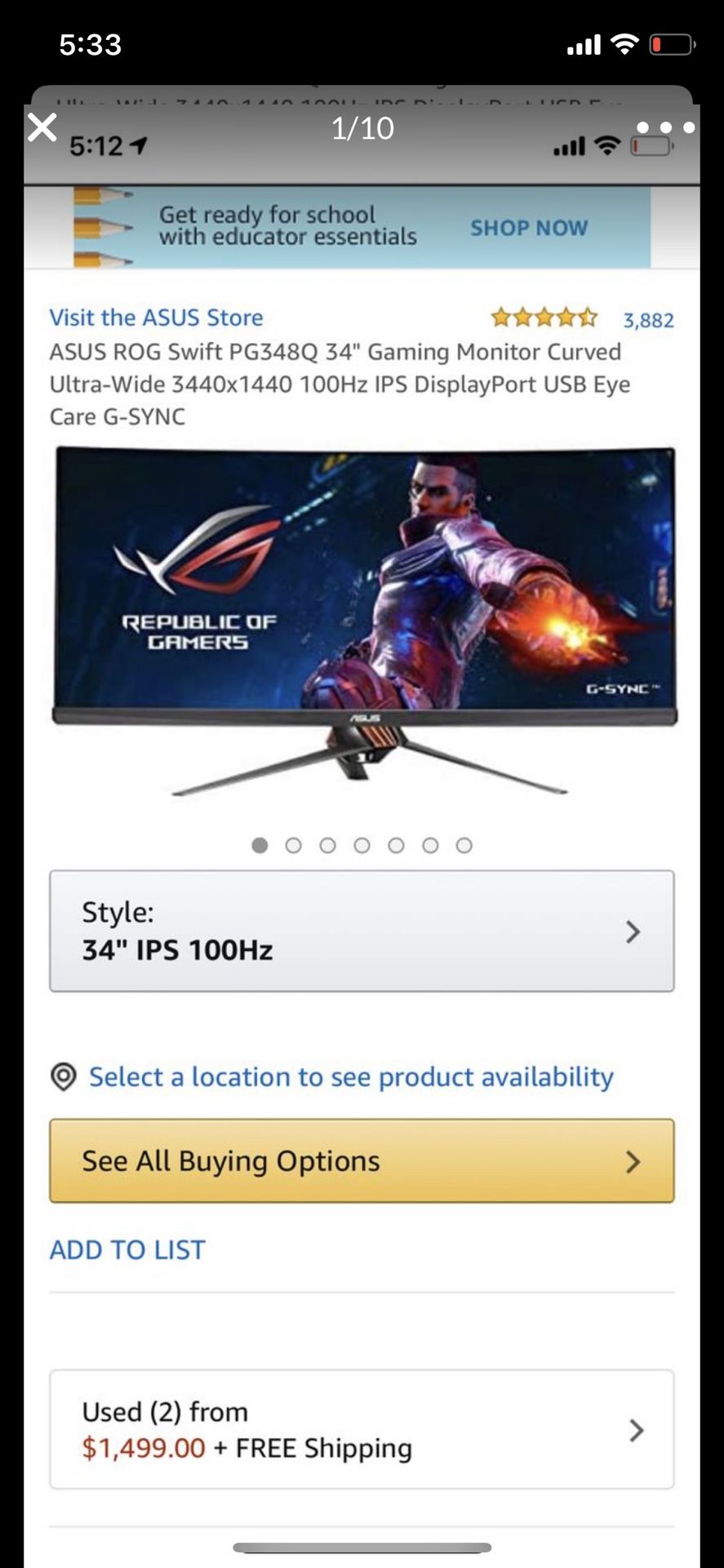 ASUS ROG Swift PG348Q 34" Gaming Monitor Curved Ultra-Wide 3440x1440 100Hz IPS DisplayPort USB Eye Care G-SYNC