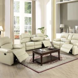 Beige Leather Fully Reclining Three Piece Couch Set