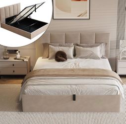 Queen Size Lift-Up Hydraulic Storage Bed, Beige Linen Upholstered Platform Bed with Vertical Channel Headboard, Wooden Slat Support, No Box Spring Nee