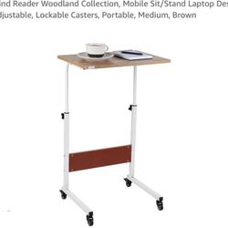 Mobile Sit/Stand Laptop Desk Adjustable, Lockable Casters, Portable, Medium, Brown