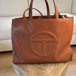 Authentic Telfar Leather Tote Bag in Brown with Embossed Logo