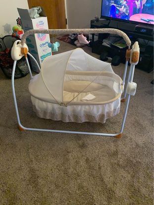 OUKANING Khaki Electric Cradle Foldable Baby Swings Bed with Safety Belt Infant Automatic Intelligen