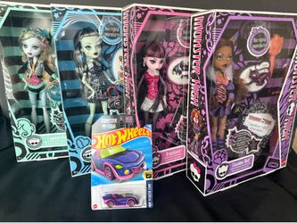 New Monster High Boo-riginal Creeproduction Set of 4 Draculaura Frankie Clawdeen Lagoona Doll Collection + Hot Wheels Ghoul Mobile