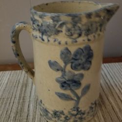 Antique 19th C. Primitive Country Blue & White Rose Spongeware, Stoneware Pitcher