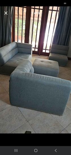Koper furniture, gray sectional with ottoman