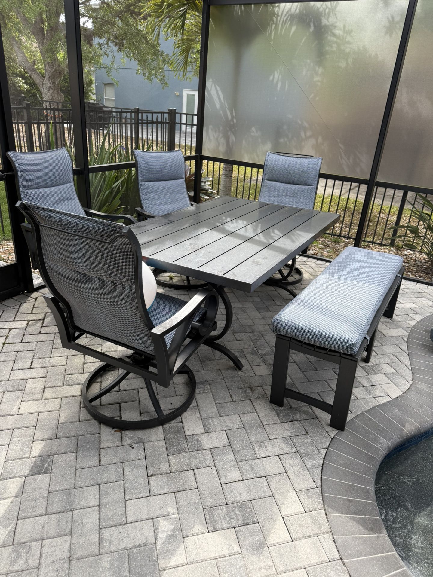 Palm casual Outdoor Pool Dining Table, 4 Swivel Chairs, Seat Bench And Side Table