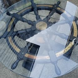 Ship Wheel Coffee Table With Glass Top And Brass Accents 