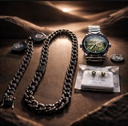 24 inch Figaro Necklace &Bracelet 45mmWatch Emerald Earrings VVS CZ Round 7mm