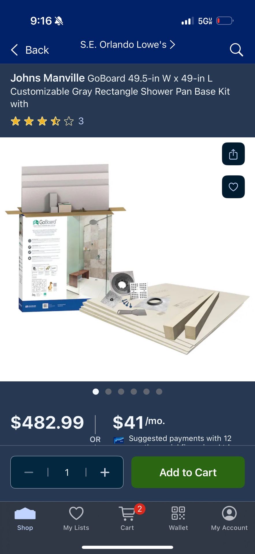 Johns Manville GoBoard 49.5-in W x 49-in L Customizable Gray Rectangle Shower Pan Base Kit
