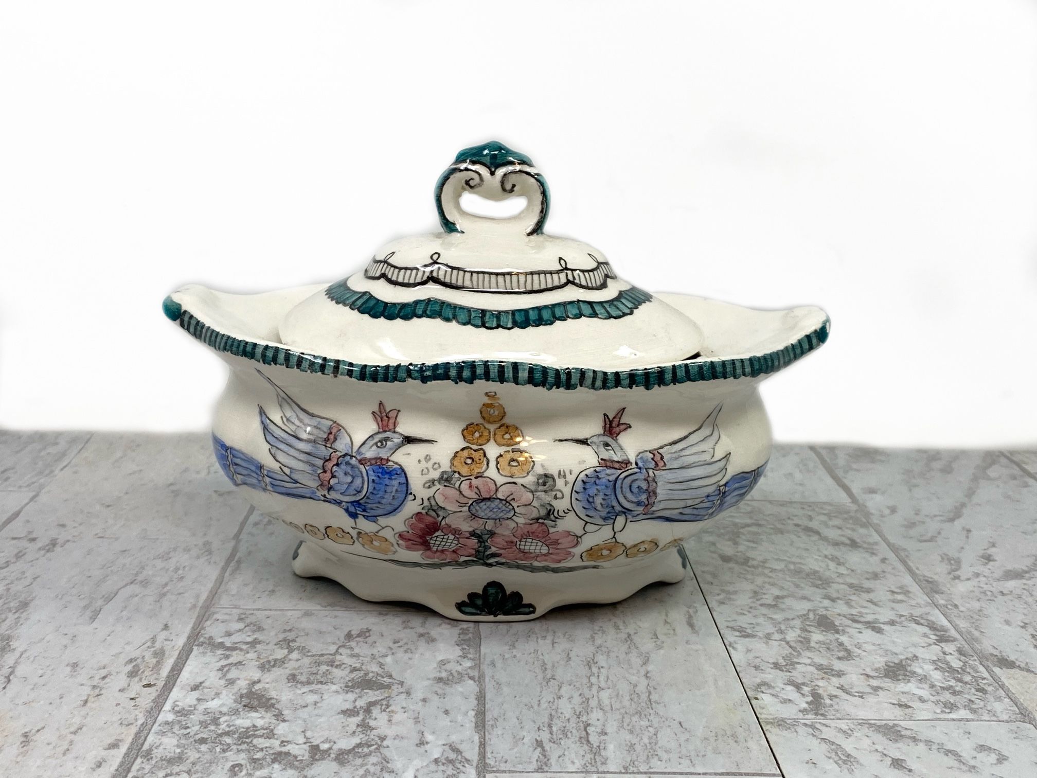 Hand Painted Peacock Lidded Serving Dish Bowl Greece