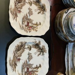 vintage Johnson Brothers "The Old Mill" brown multicolor plates.  