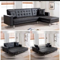 Black Leather Sectional Sofa Sleeper New 