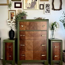 1930's olive green Art deco waterfall dresser and nightstands with walnut and gold accents 