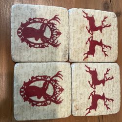 CRATE & BARREL STONE 4” CHRISTMAS WINTER COASTERS. SET OF 4. REINDEER