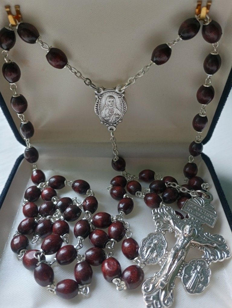 Dark Brown Wooden Bead Rosary And Rosary Pouch