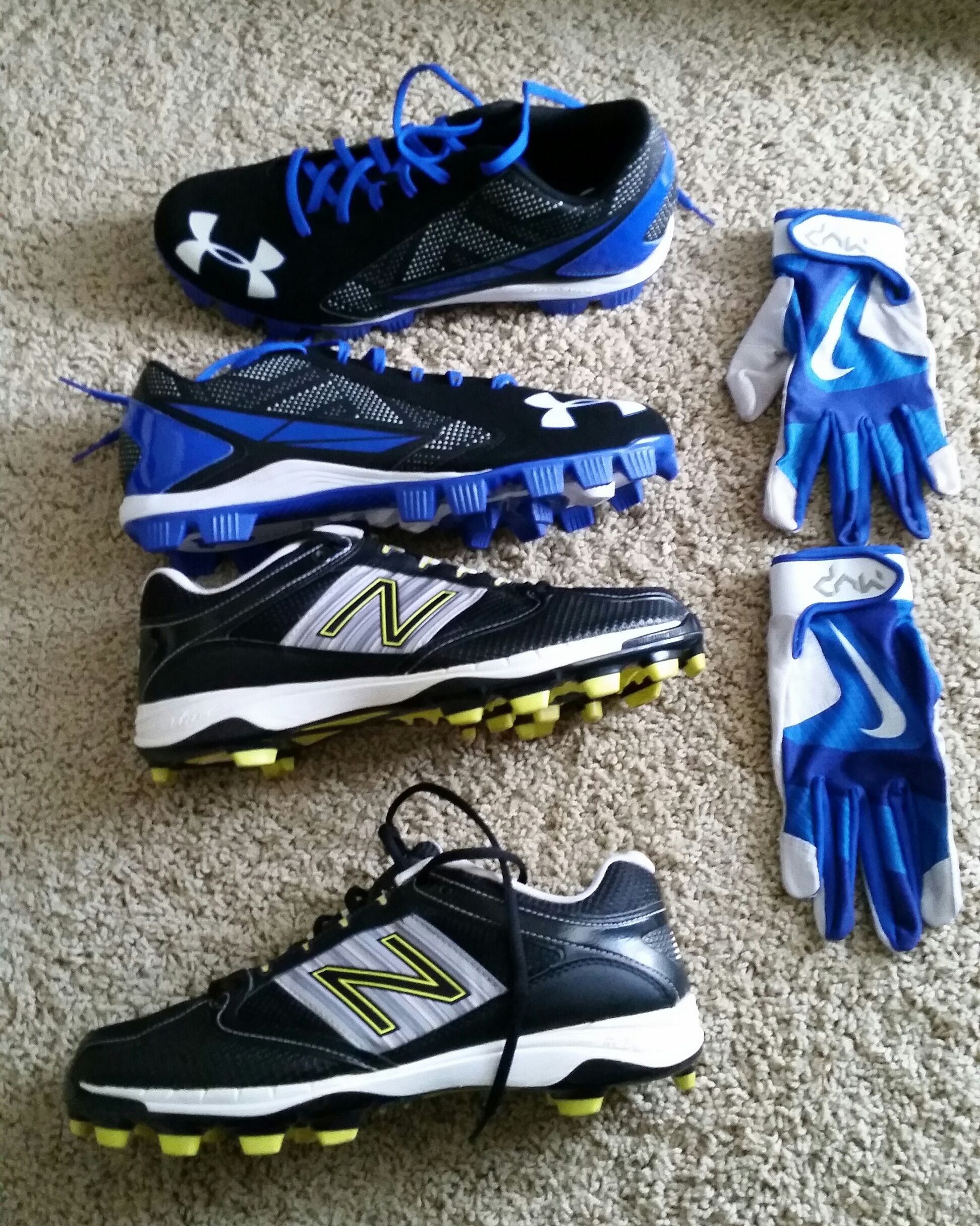 New Balance and Under Armour Baseball Cleats, Nike Batting Gloves.