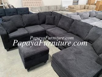 NEW Large U Shape BLACK Chenille Fabric Sectional Sofa and Chaise with Ottoman Set Ashley Style Designer BIG Couch SALE Discount Furniture Warehouse
