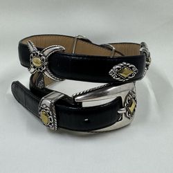 Brighton Black Leather Croc Embossed Silver And Brass Hardware Belt Size XS